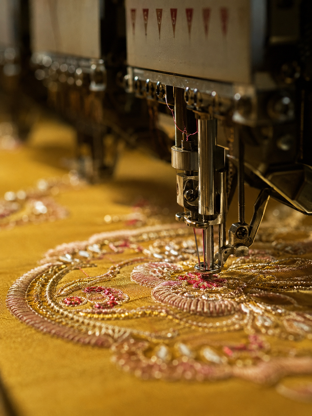 Embroidery machine working on a piece of fabric with intricate patterns.